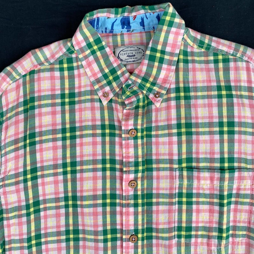 Men's Vintage 1946 L Green, Yellow & Pink Plaid LS BF 100% Cotton Shirt
